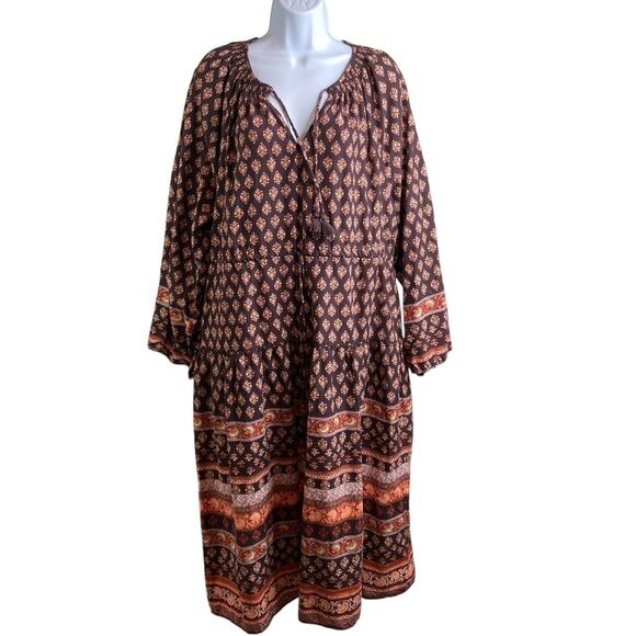 Old Navy Women’s Brown Floral Boho Peasant Midi Dress Size L Hippie‎ Festival - Picture 1 of 9